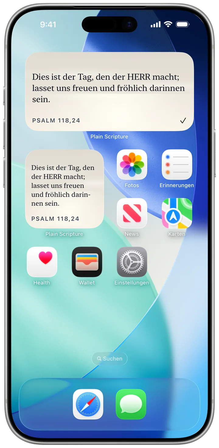Ein iPhone-Home-Bildschirm mit dem mittleren und dem kleinen Plain-Scripture-Widget