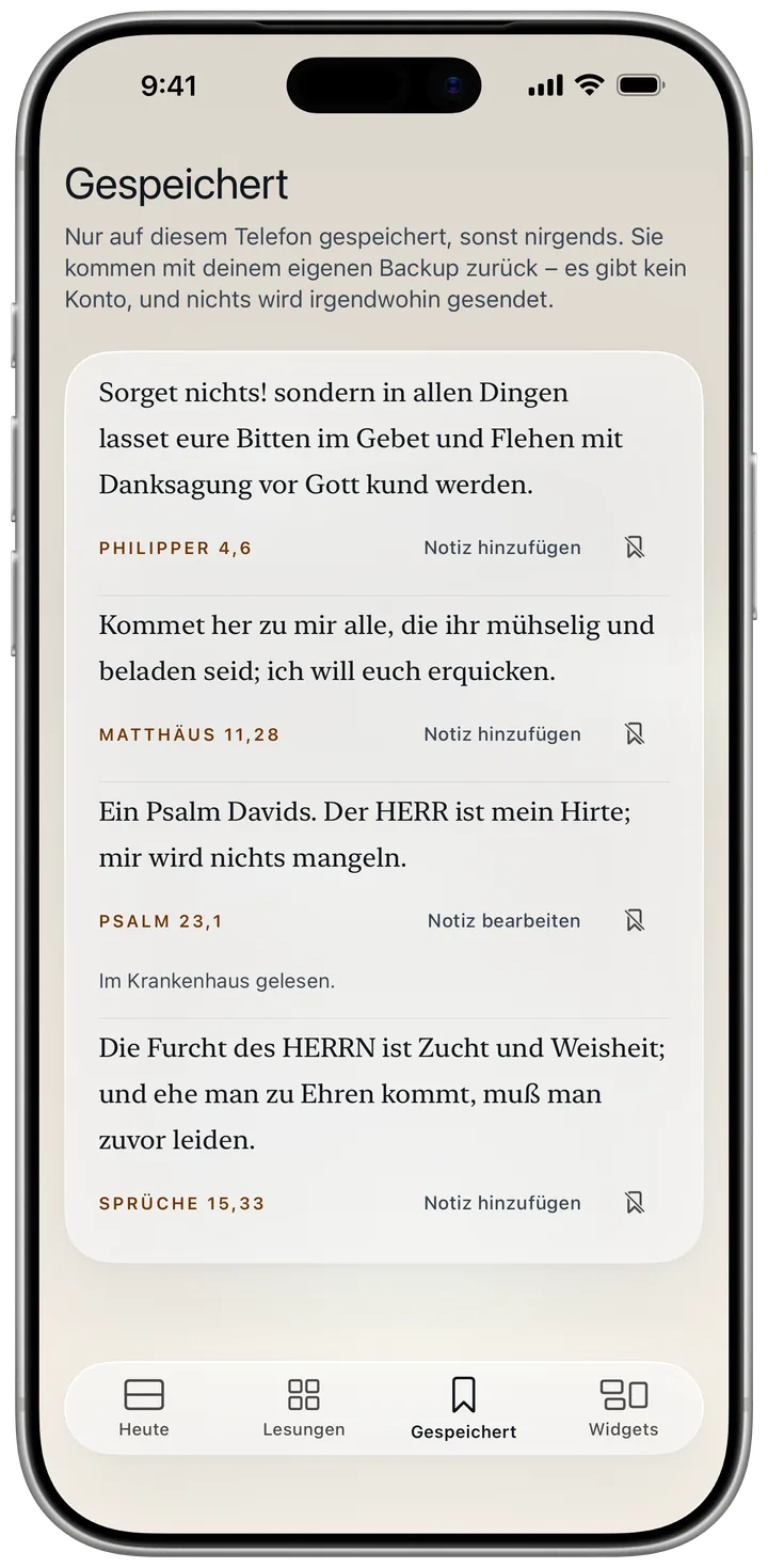 Gespeicherte Verse, einer mit der Notiz „Im Krankenhaus gelesen.“