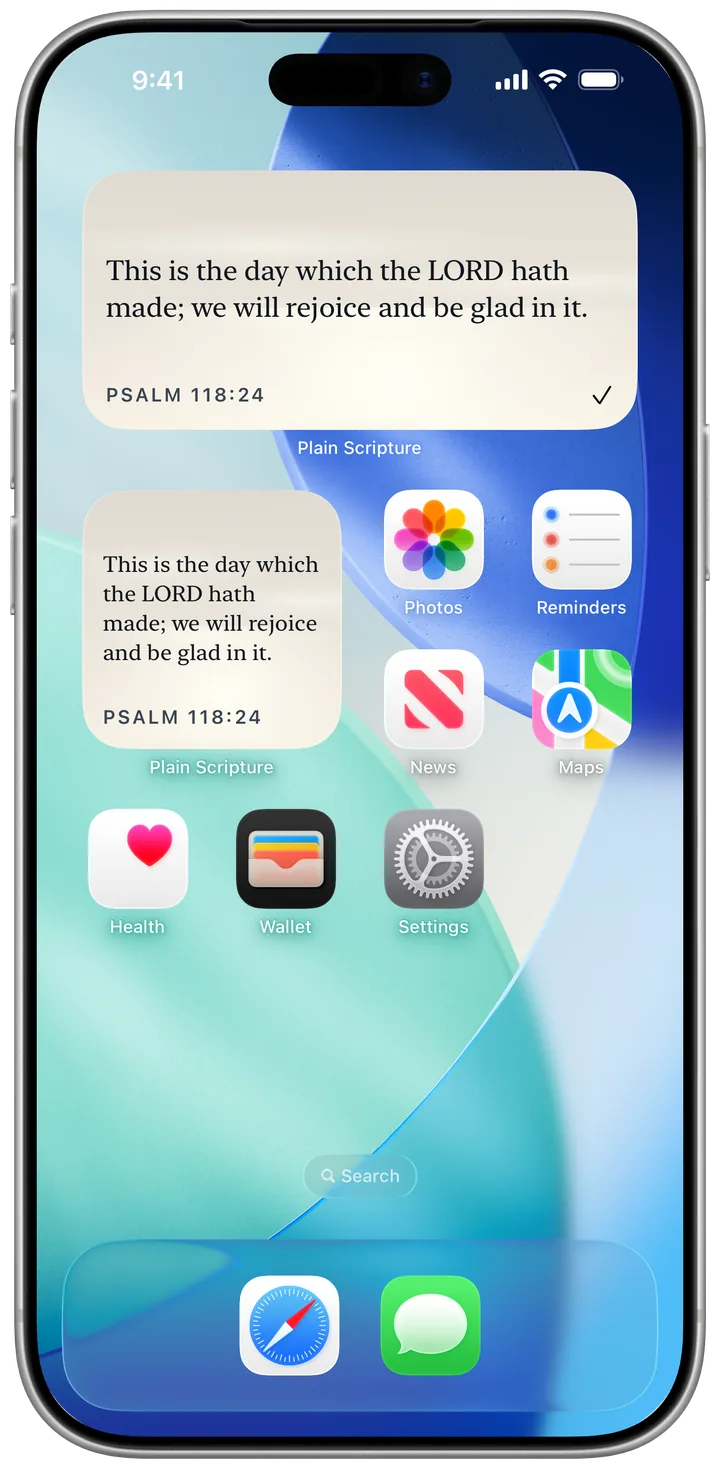 An iPhone Home Screen with the medium and small Plain Scripture widgets showing Psalm 118:24