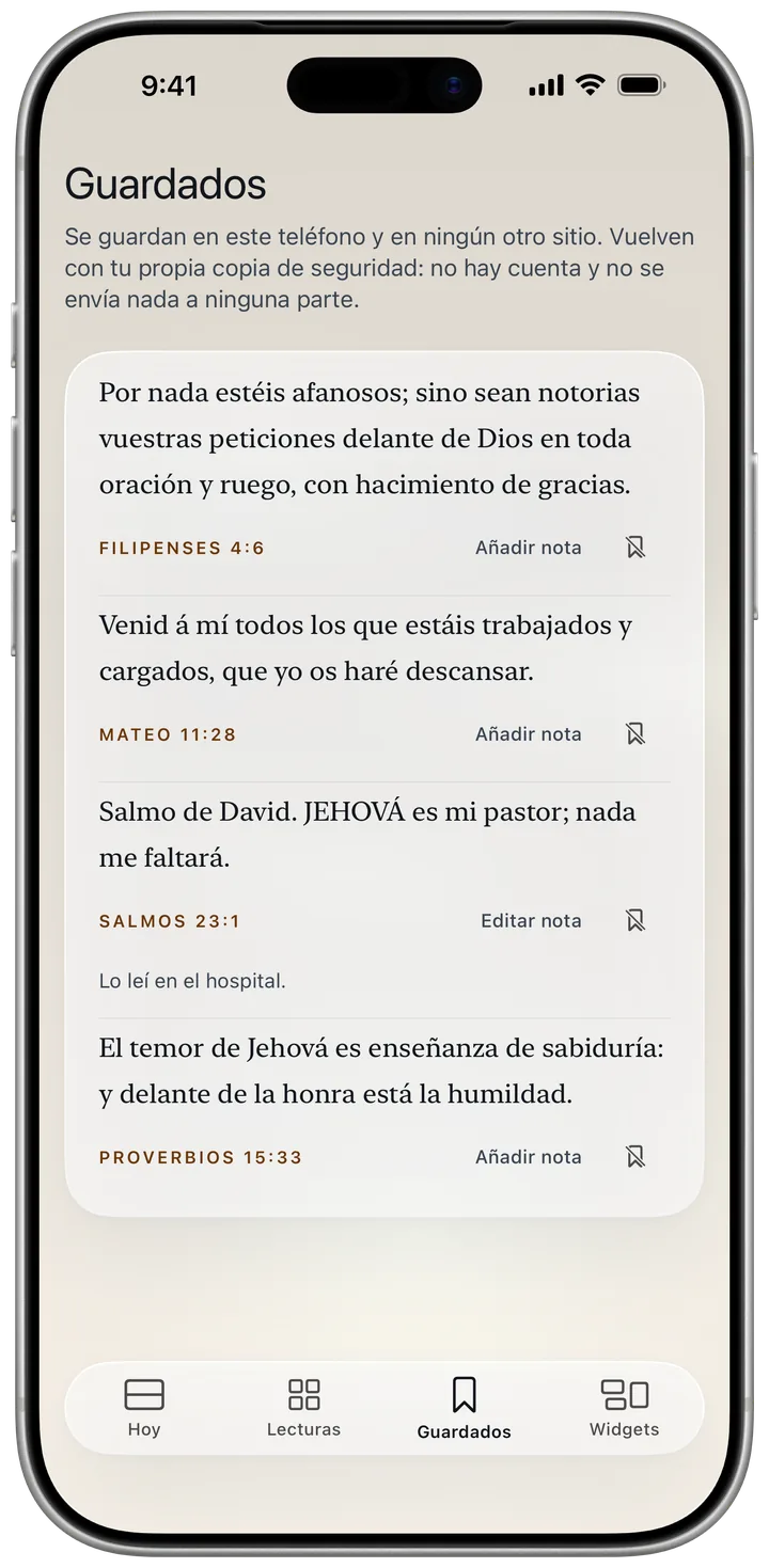 Versículos guardados, uno con la nota «Lo leí en el hospital.»