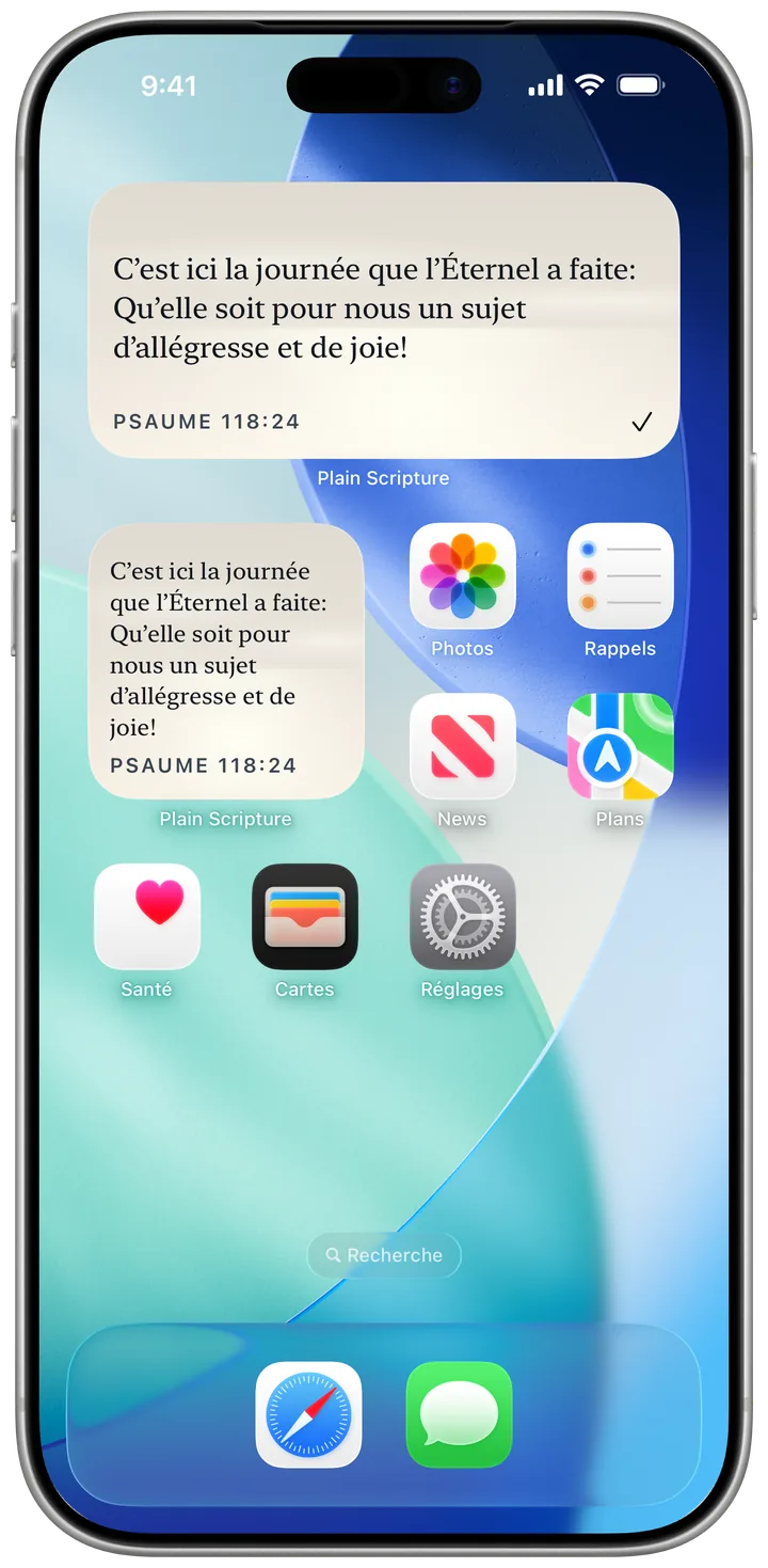 Un écran d’accueil d’iPhone avec les widgets moyen et petit de Plain Scripture