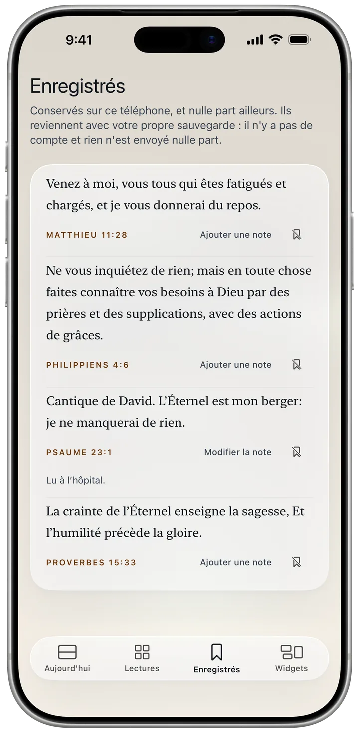 Versets enregistrés, l’un avec la note « Lu à l’hôpital. »