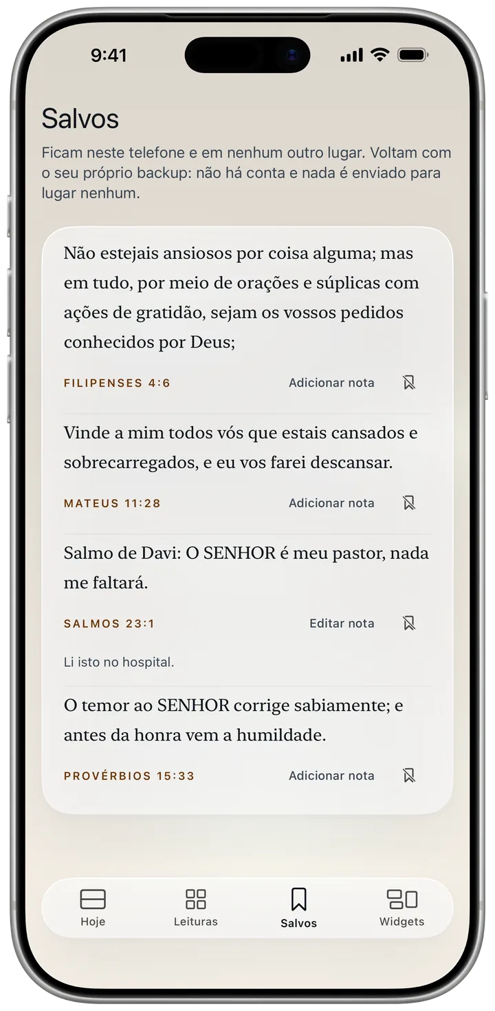 Versículos salvos, um com a nota “Li isto no hospital.”